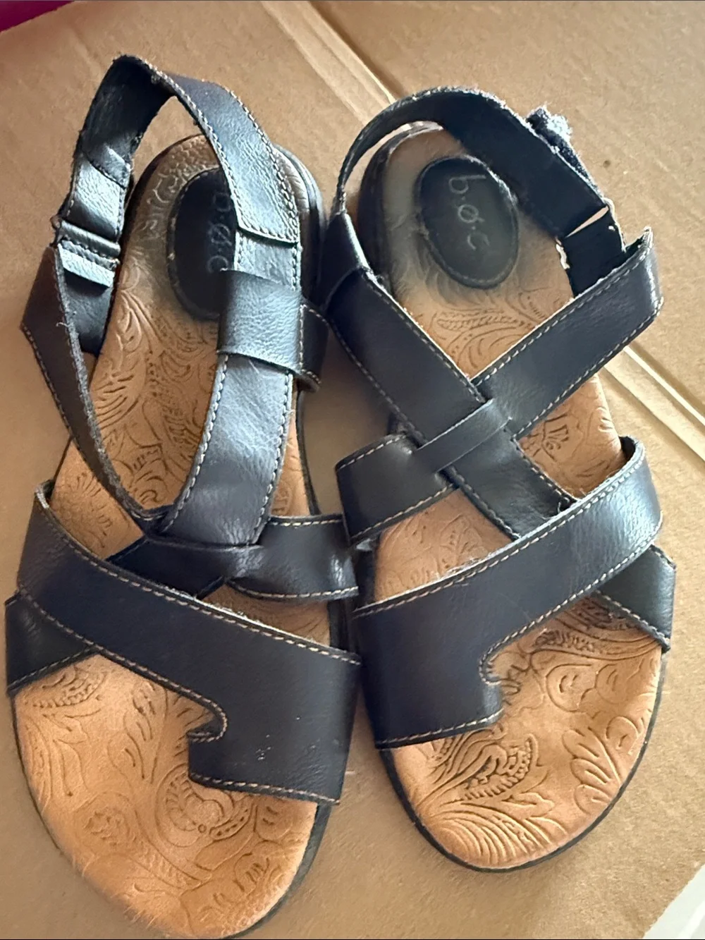 b.o.c. Black Leather Cross-Strap Sandals with Tan Embossed Footbed